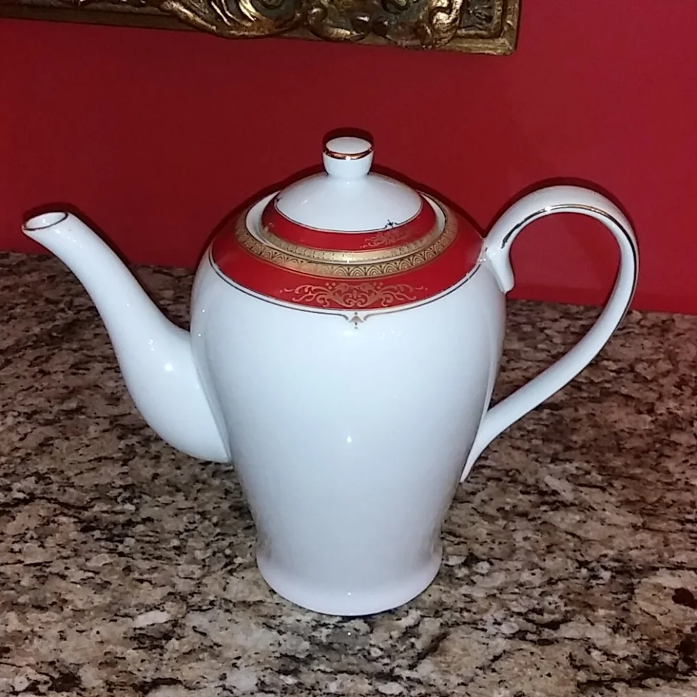 Elegant White Porcelain Teapot with Red and Gold Trim